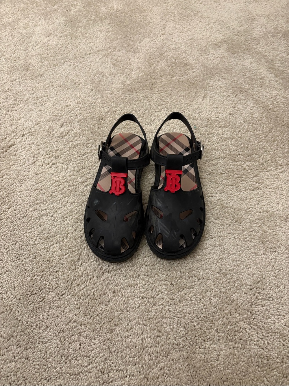 Burberry Black Jelly Kids Sandals with Red TB Emblem
